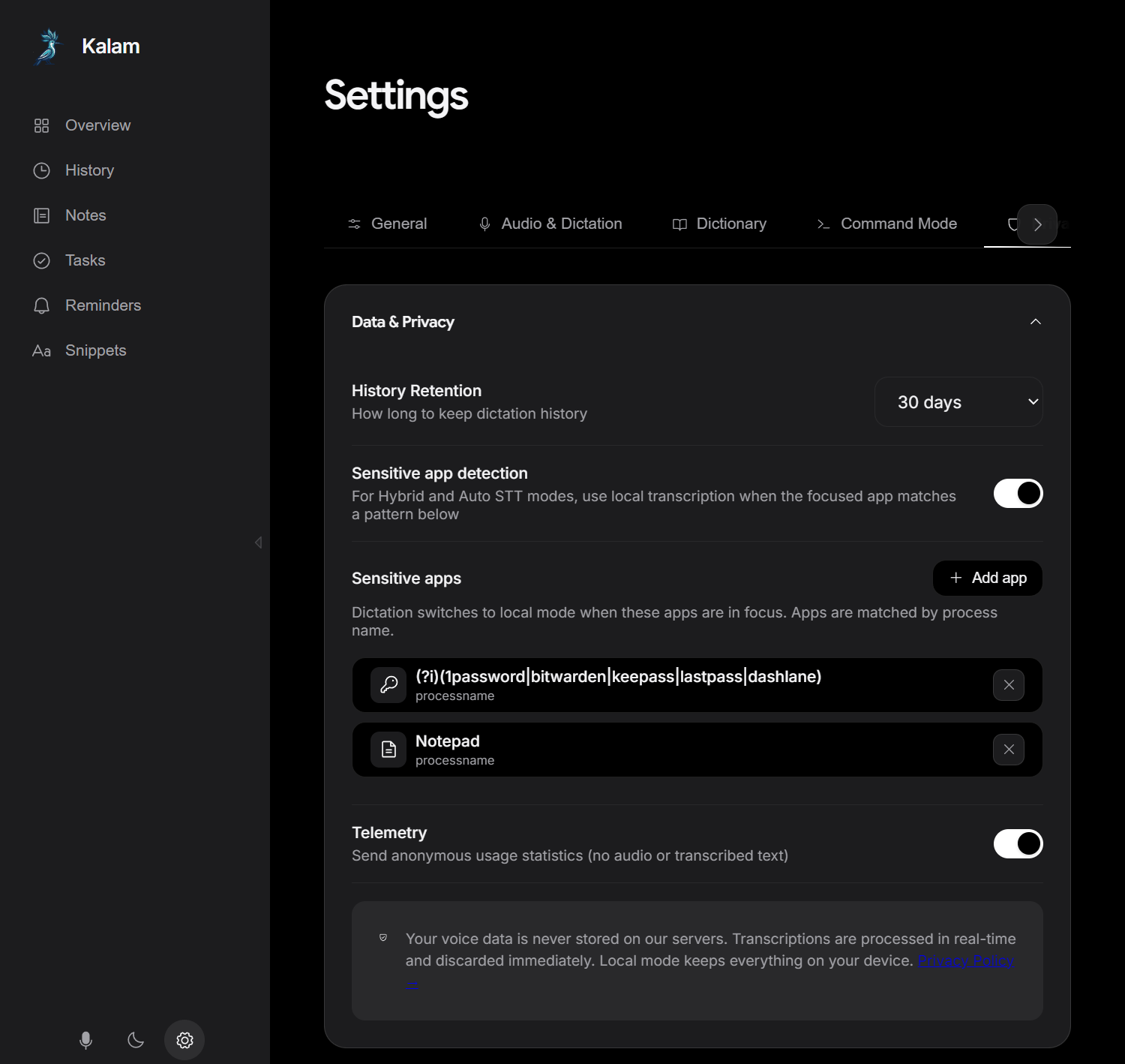 Settings — Privacy