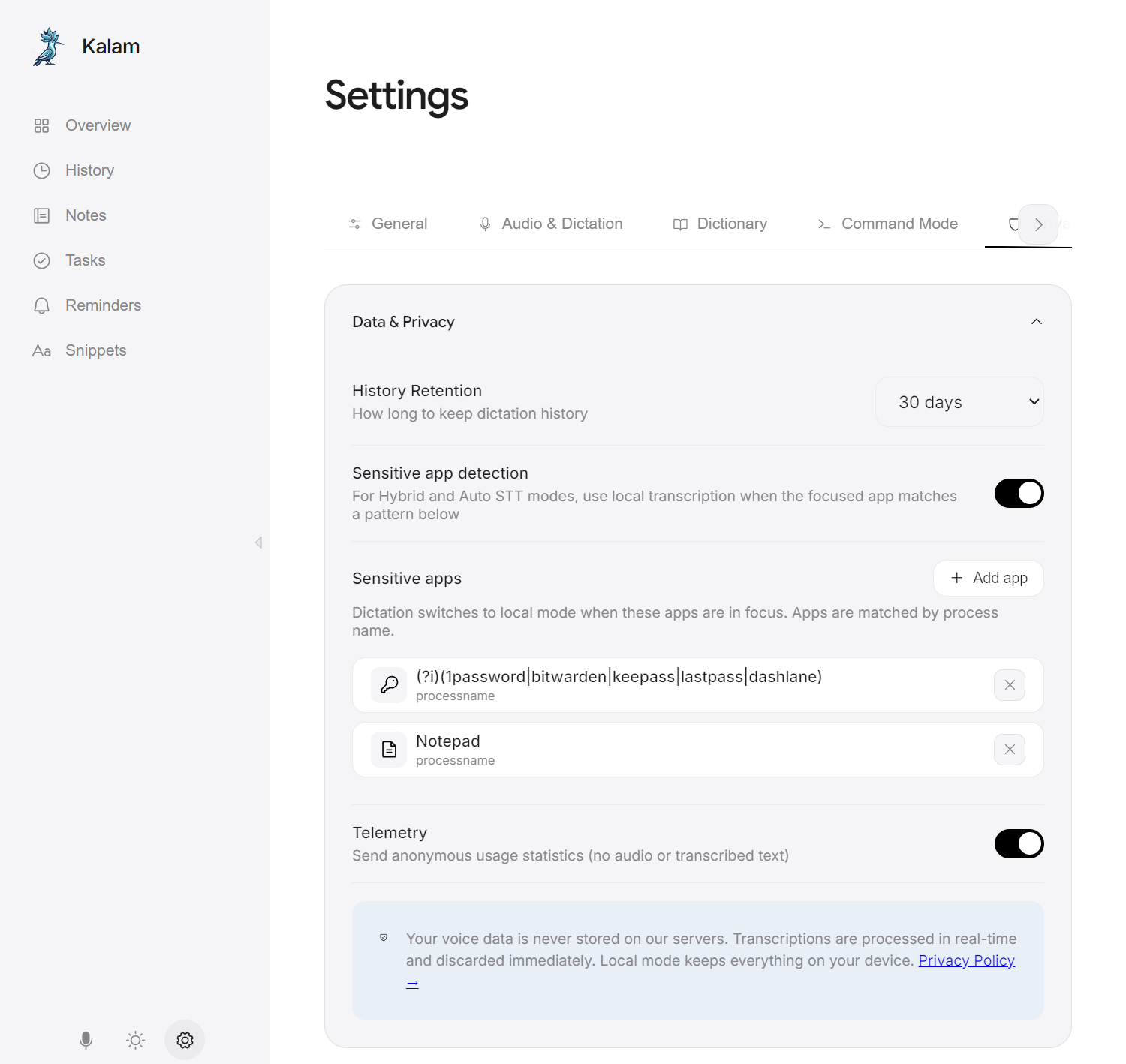 Settings — Privacy